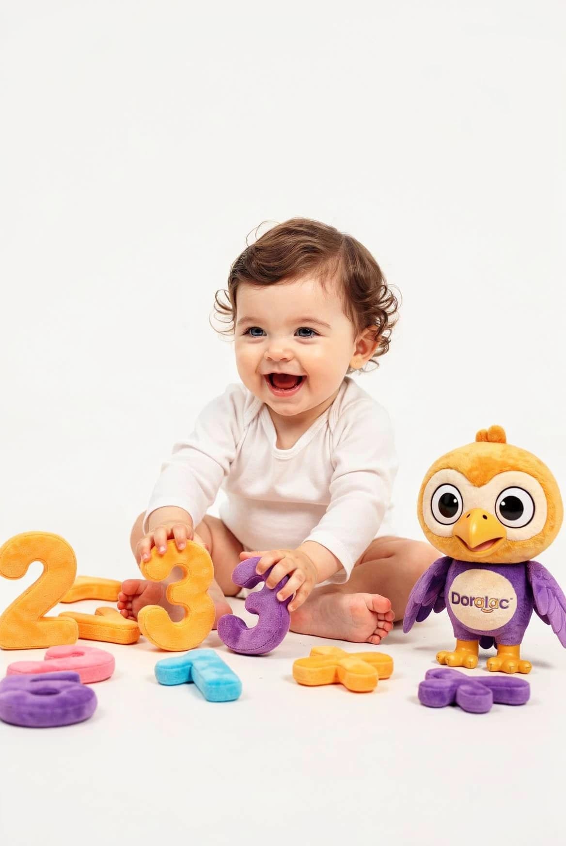 Bebé Doralac jugando con su mascota búho de peluche